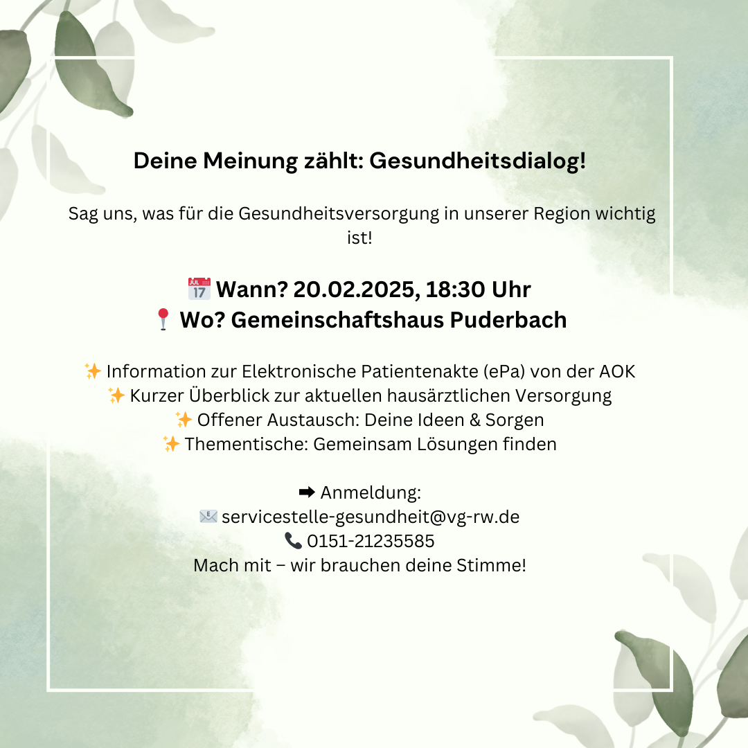 🎤 Deine Gesundheit, deine Stimme: Sag uns, was zählt! 🩺 Hast du eine Meinung zur Gesundheitsversorgung in unserer Region? Dann bist du herzlich eingeladen zu unserem Dialogforum! Gemeinsam wollen wir die Gesundheitsversorgung besser machen – mit deinen - 1